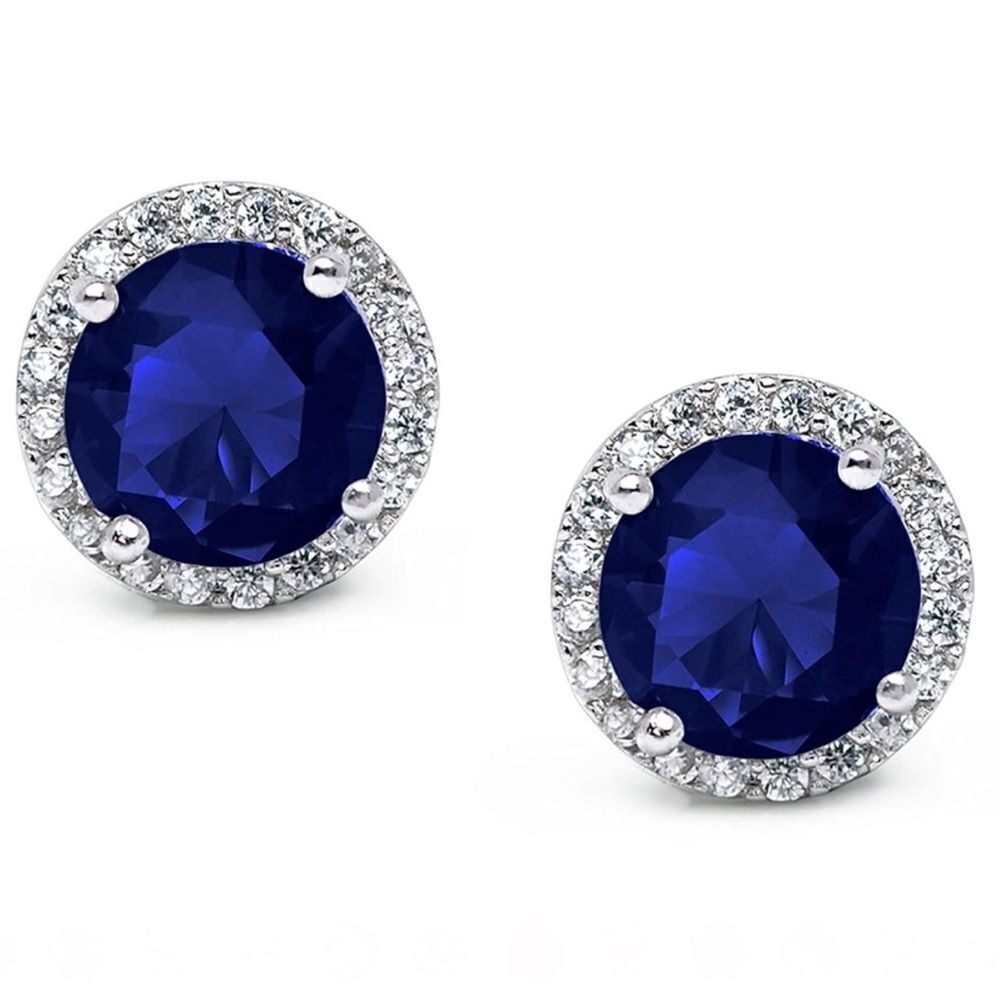 925 Sterling Silver with Blue Sapphire and Diamond CZ Round Halo Stud Earrings